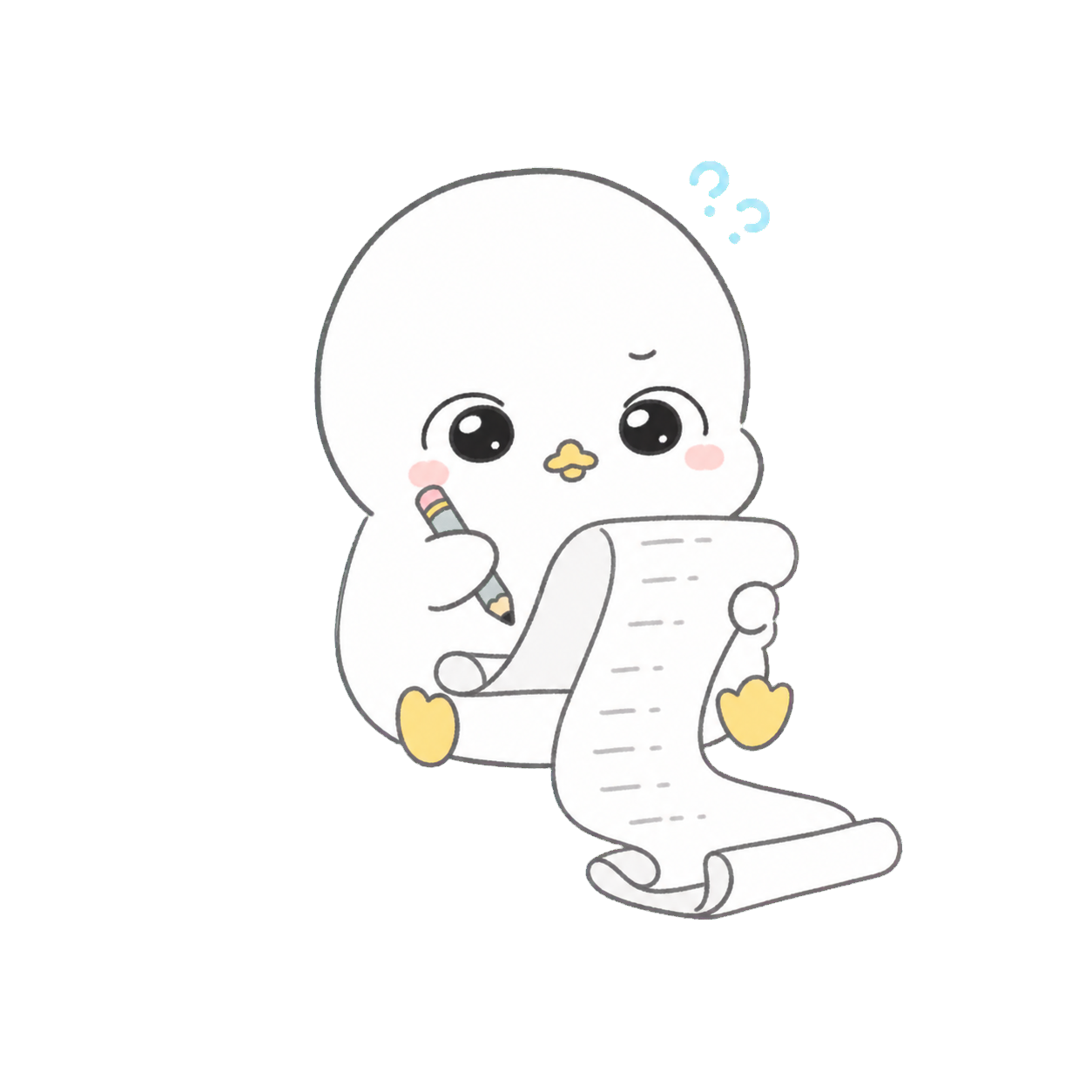 긴 영수증을 들여다보는 하얀 오리 캐릭터